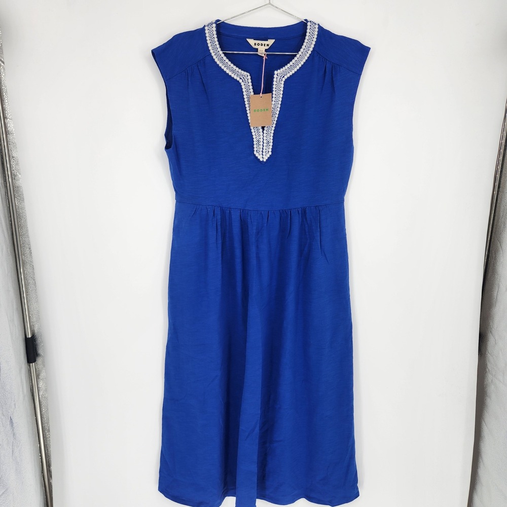 Boden Blue Cotton Slub Embroidered V-Neck Midi Dress Pockets US 10P D1554